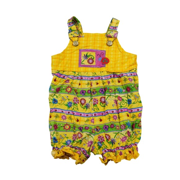 Logan Designs Other - Logan Designs Kids Yellow Floral Ladybug Plaid Cotton Romper Handmade‎ USA 24M